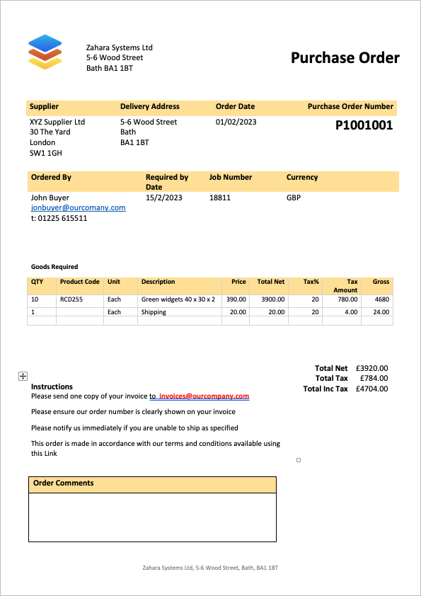 free purchase order template Word